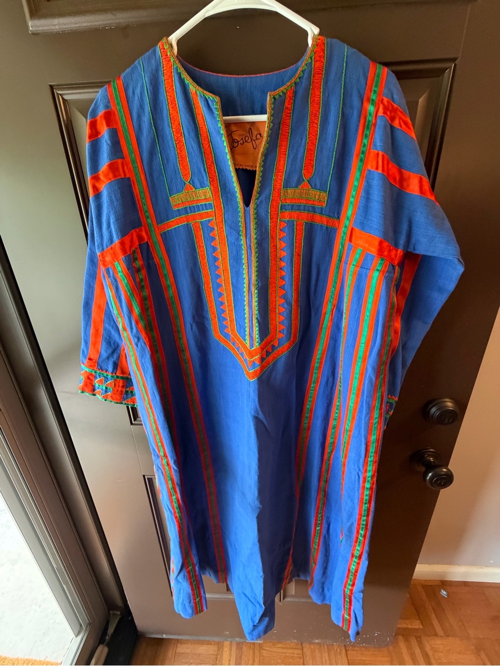 Vintage Josefa Embroidered Cotton Caftan Maxi Royal Blue Orange Neiman Marcus